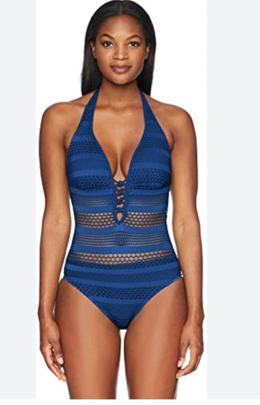NWT Bleu Rod Beattie Navy Crochet Lace-Up Halter One Piece Swimsuit Size 14
